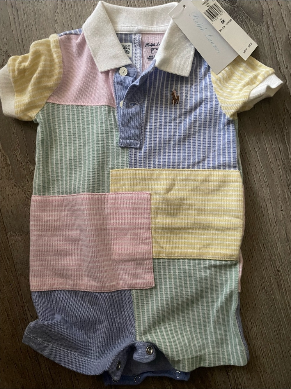 Ralph Lauren Pastel Patchwork Polo Romper - Pink Blue Yellow Green